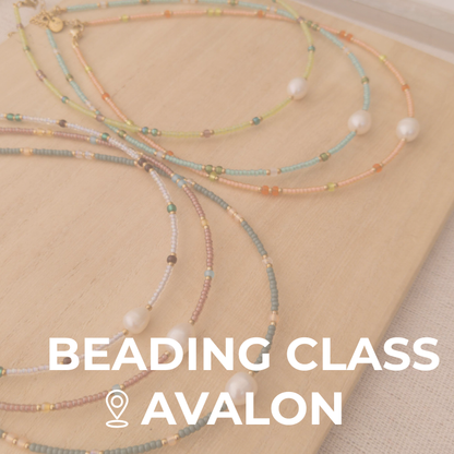 Beaded necklaces on a beige surface with 'Beadling Class Avalon' text overlay.