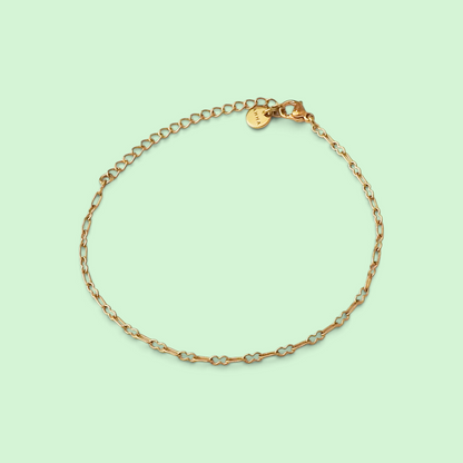 A delicate gold chain bracelet with alternating small gold links and thin silver-toned wire accents, displayed on a solid pale mint green background. A small round gold tag is attached to the clasp.