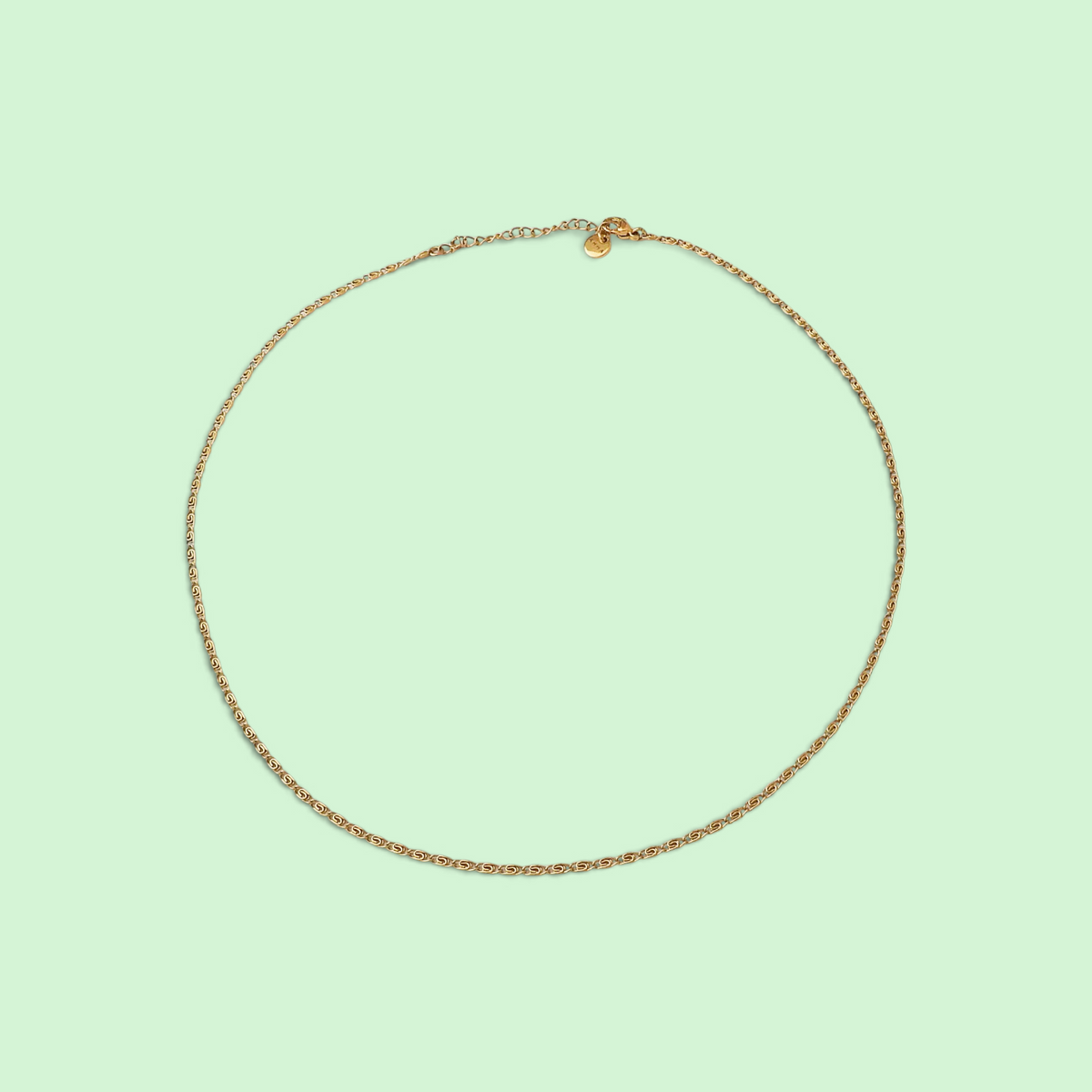 A delicate gold chain necklace with a small circular charm, displayed on a solid pale mint green background.
