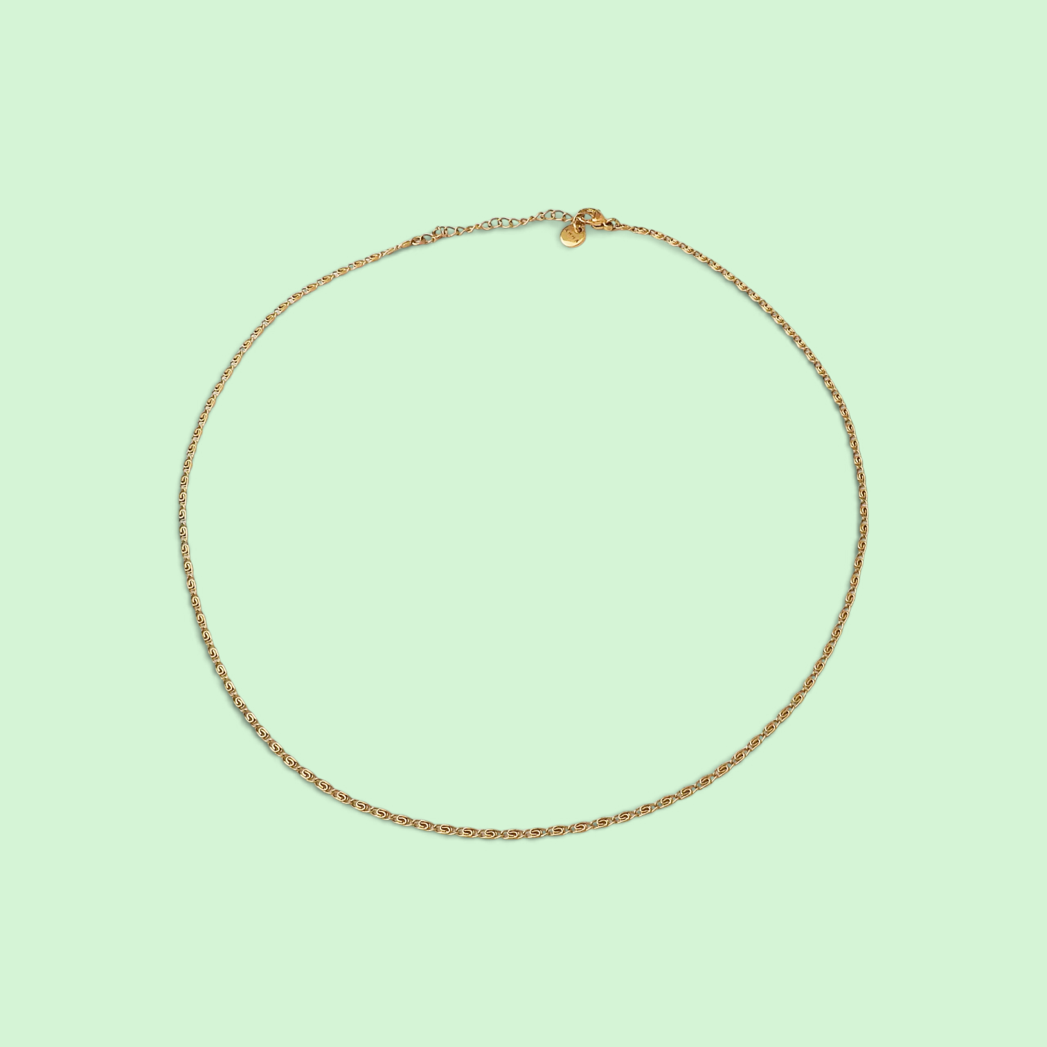 A delicate gold chain necklace with a small circular charm, displayed on a solid pale mint green background.