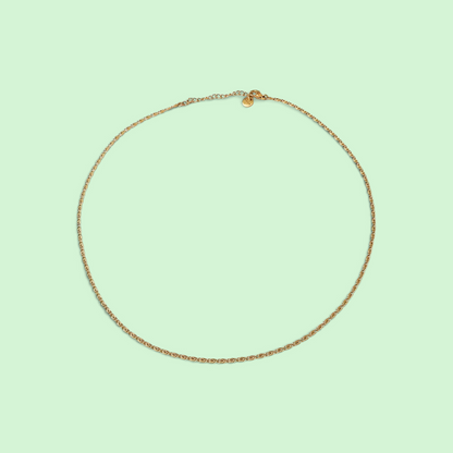 A delicate gold chain necklace with a small circular charm, displayed on a solid pale mint green background.