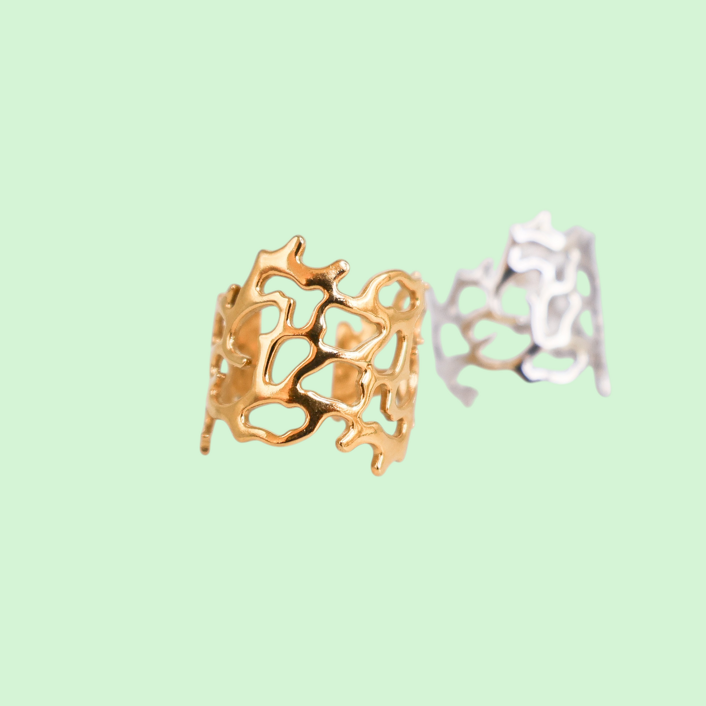 Gold and silver coral-shaped rings on a light green background
