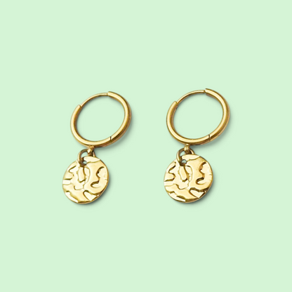 A pair of gold hoop earrings with textured, organic-shaped round dangles, displayed on a solid pale mint green background.