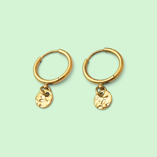 A pair of gold hoop earrings with small, textured oval dangling charms, displayed on a solid pale mint green background.