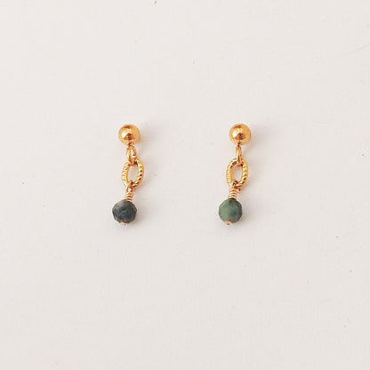 A pair of gold dangle earrings with a small green bead hanging from a twisted wire loop, shown on a plain white background.