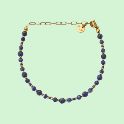 A beaded bracelet featuring dark blue lapis lazuli stones and small gold spacer beads, connected by a gold paperclip chain extender and a gold clasp with a round engraved brand tag that reads 'LAP'. The background is a solid pale mint green.