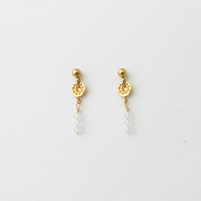 A pair of gold-toned dangle earrings with circular filigree details and small clear bead drops, shown on a plain white background.