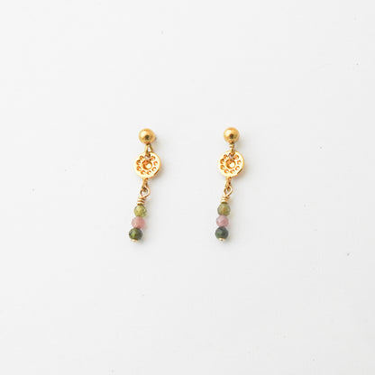 A pair of gold dangle earrings with small multicolored beads, displayed on a clean white background.